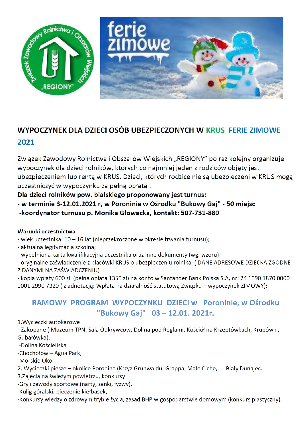 plakat ferie zimowe