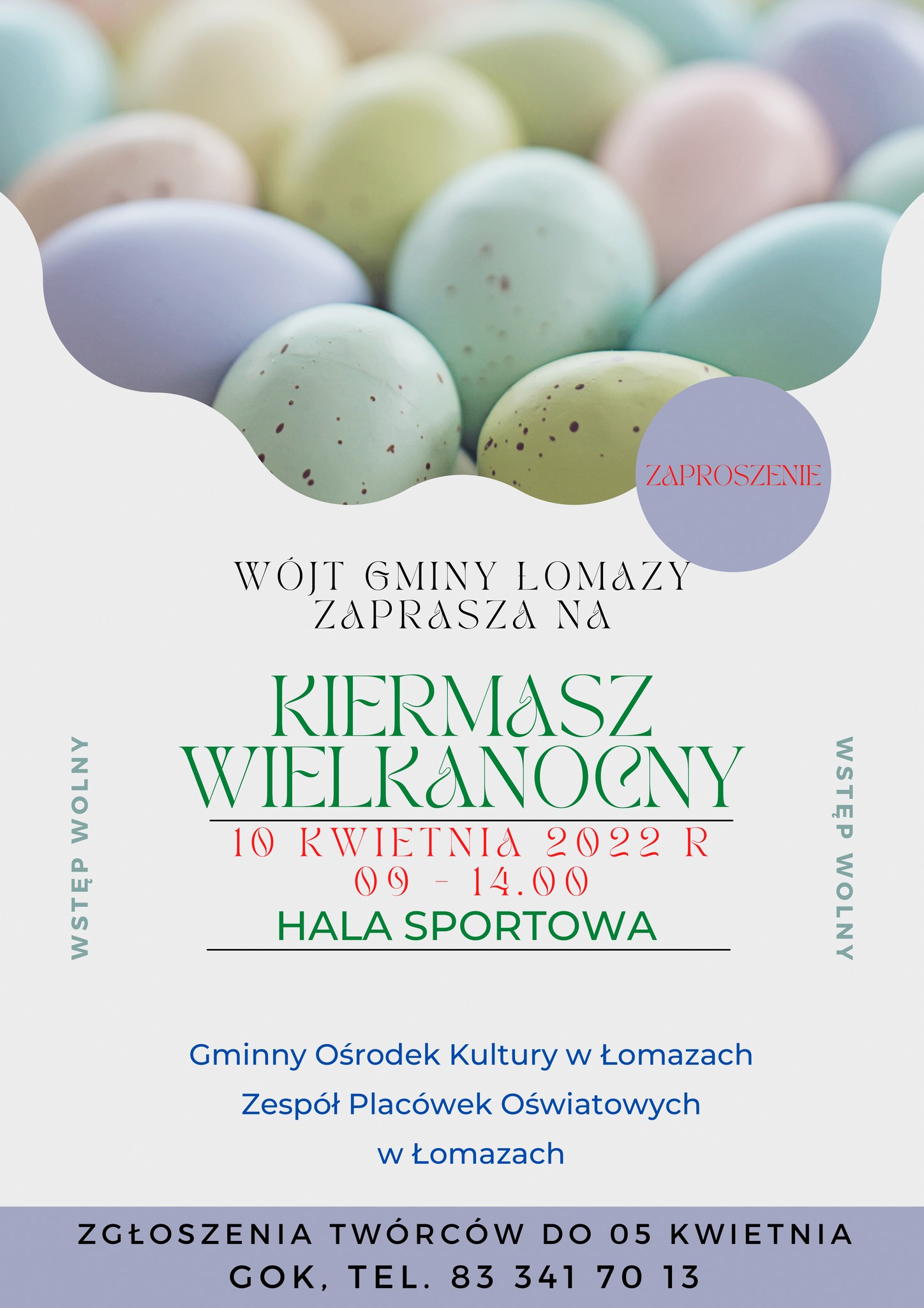 Kiermasz wielkanocny Plakat z pisankami w tle na nim napis Kiermasz Wielkanocny